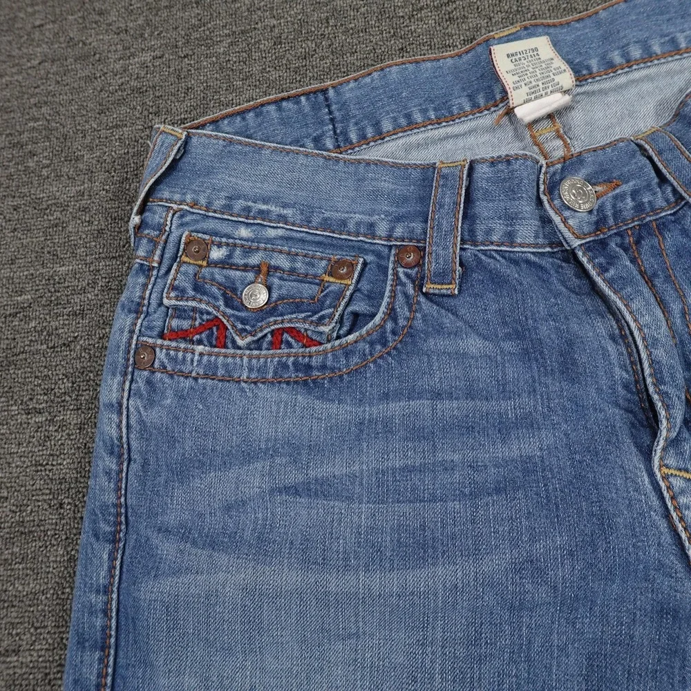 True Religion Jeans Mens 34 Blue Straight World Tour Horseshoe Stitch 34x29